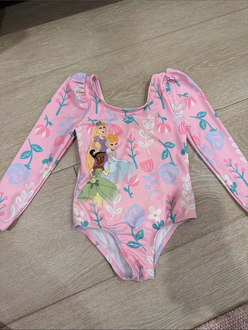 Disney Princess Pink Girls' Long-Sleeve One-Piece Swimsuit with Floral Print